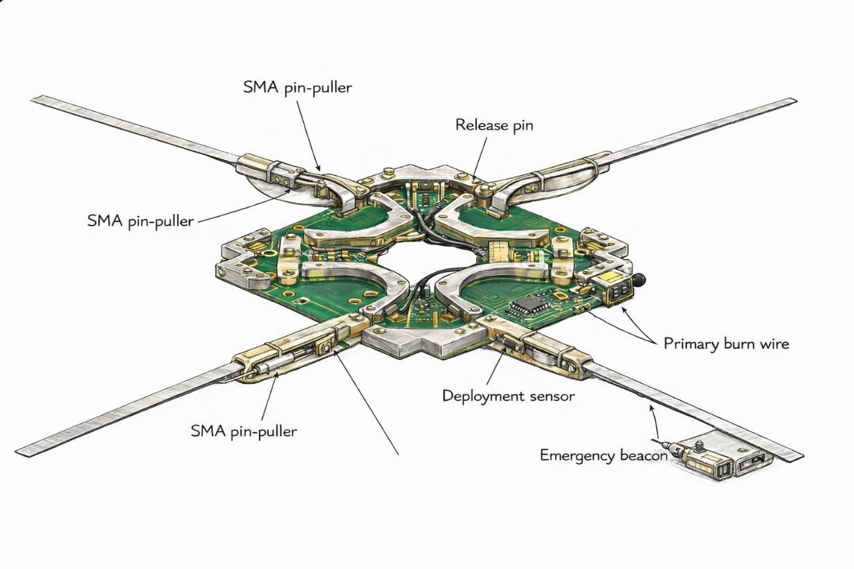 Labelled render of the CubeSat antenna deployment system